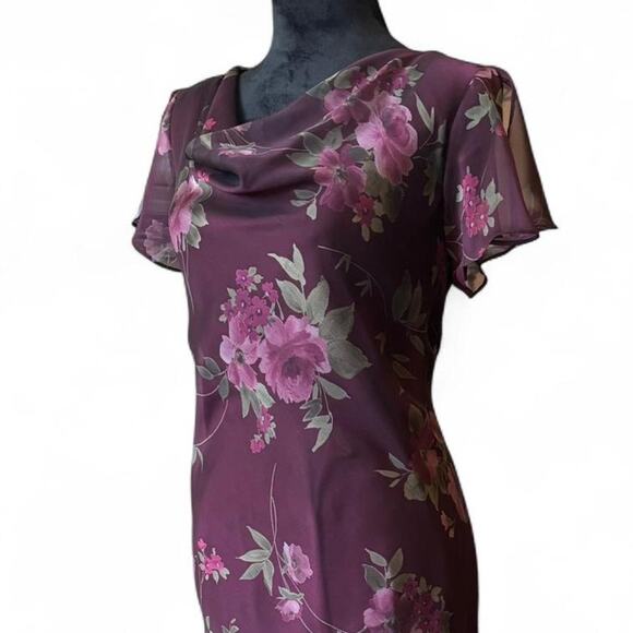 Coldwater Creek Plum Floral Chiffon Maxi Dress Cowl Neck Flutter Sleeve 10 - Picture 3 of 8